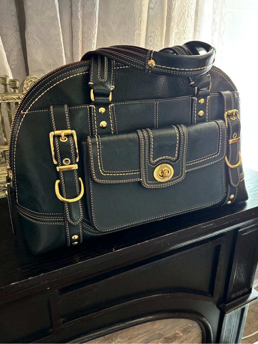 Coach Hampton Miranda Satchel 11085 Navy Blue Leather Turnlock Bag “2007”